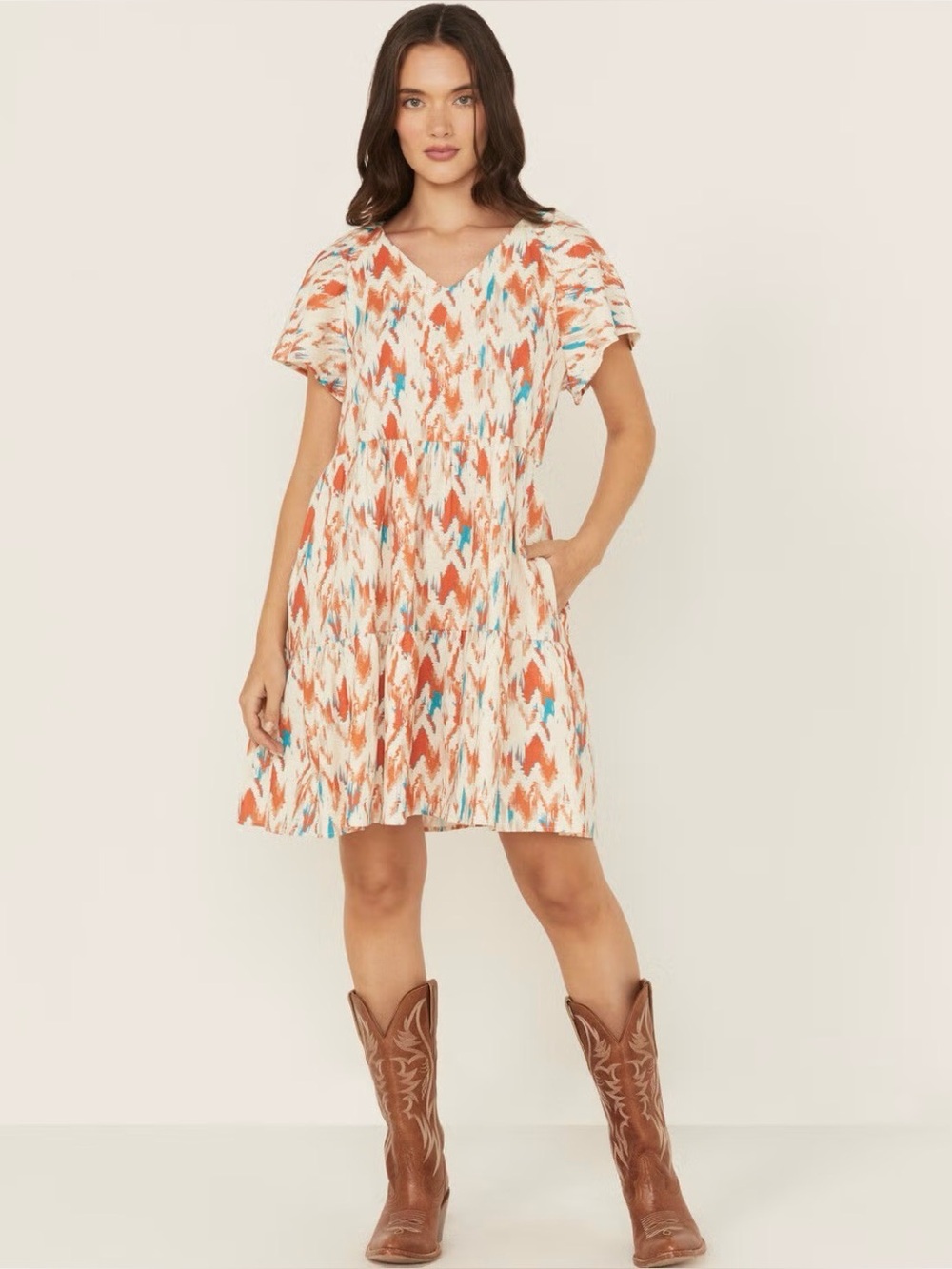 ARIAT L Delilah southwestern cowgirl Linen tiered babydoll rodeo midi dress